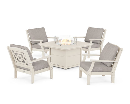 Martha Stewart by POLYWOOD® Chinoiserie 5-Piece Deep Seating Set with Fire Pit Table in Sand / Weathered Tweed