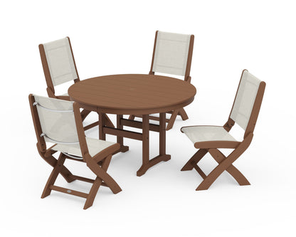 POLYWOOD® Coastal Folding Side Chair 5-Piece Round Dining Set in Teak / Parchment Sling