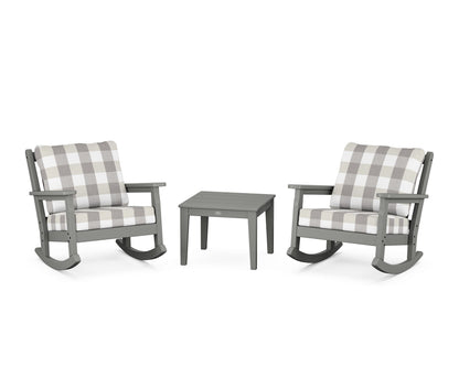 POLYWOOD® Chippendale 3-Piece Deep Seating Rocker Set in Slate Grey / Buffalo Plaid Grey Mist