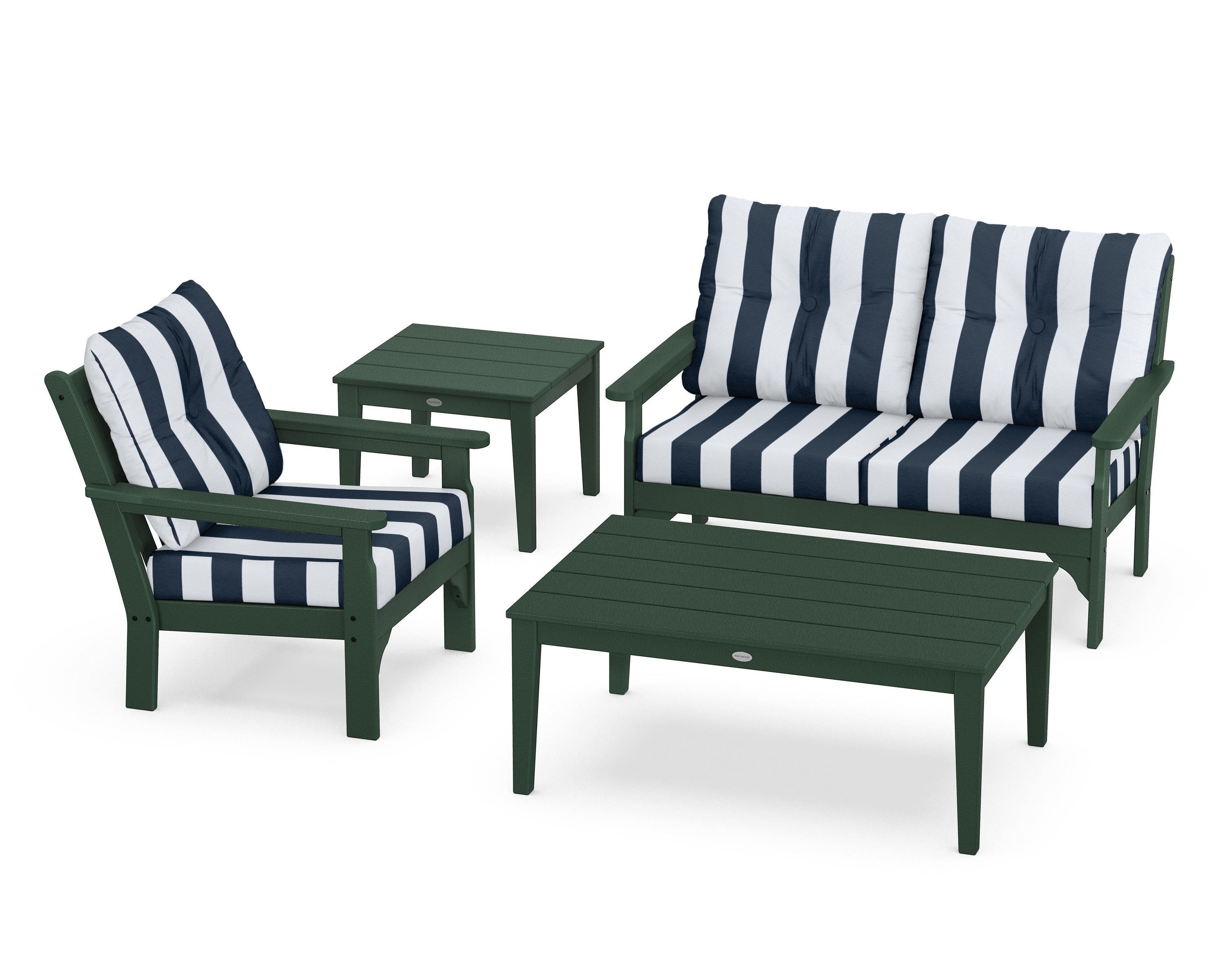 POLYWOOD® Vineyard 4-Piece Deep Seating Set in Green / Cabana Stripe Marine Indigo