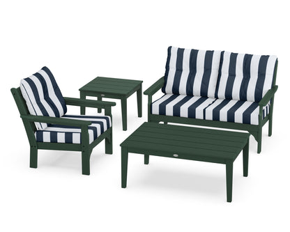POLYWOOD® Vineyard 4-Piece Deep Seating Set in Green / Cabana Stripe Marine Indigo