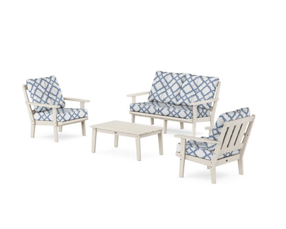 POLYWOOD® Oxford 4-Piece Deep Seating Set with Loveseat in Sand / Trellis Sky Blue