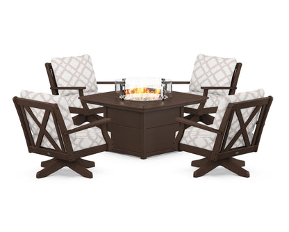 POLYWOOD® Braxton 5-Piece Deep Seating Swivel Conversation Set with Fire Pit Table in Mahogany / Trellis Dune Burlap