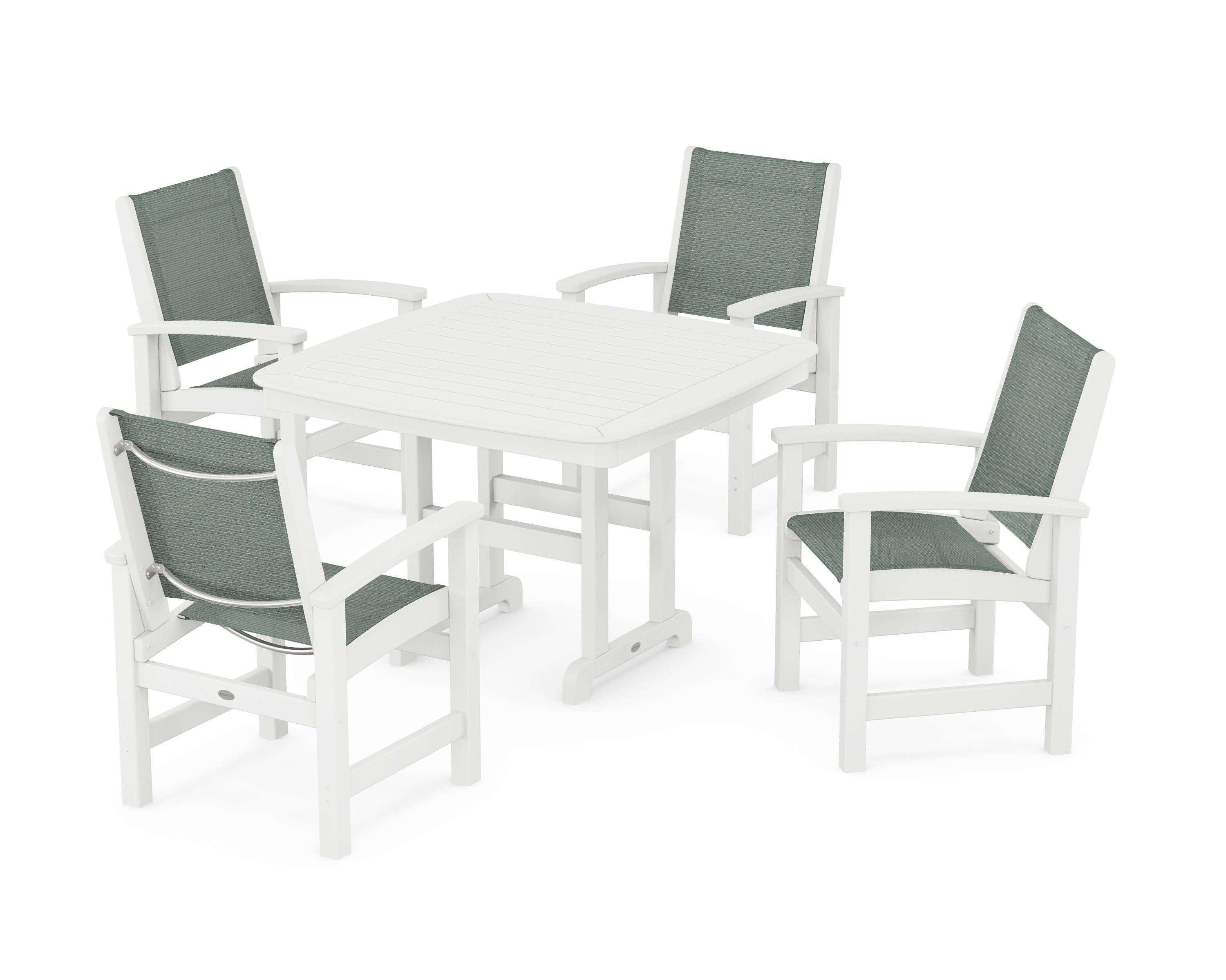 POLYWOOD® Coastal 5-Piece Dining Set in White / Dupioni Sea Mist Sling