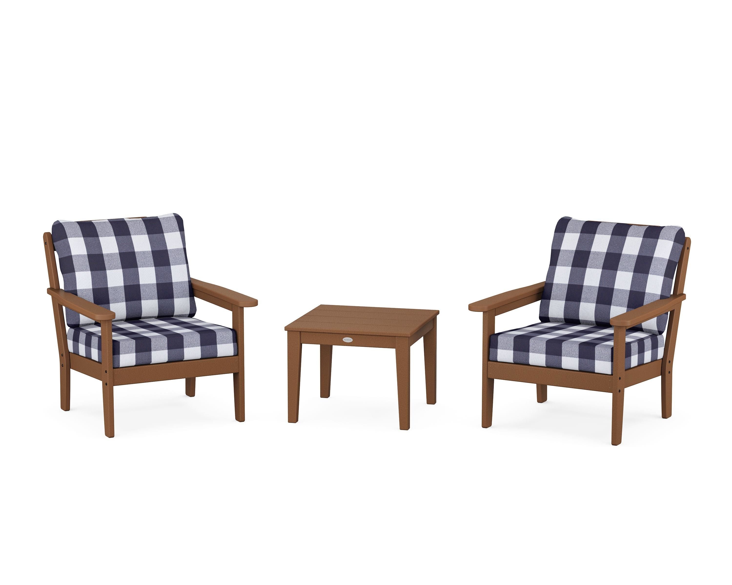 Country Living Cottage 3-Piece Deep Seating Set in Teak / Buffalo Plaid Navy