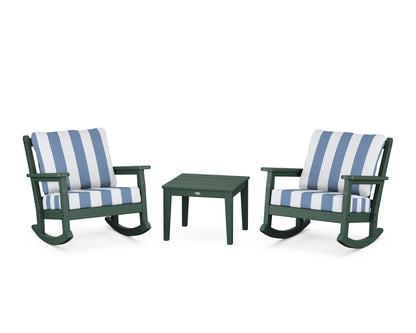 POLYWOOD® Chippendale 3-Piece Deep Seating Rocker Set in Green / Cabana Stripe Sky Blue