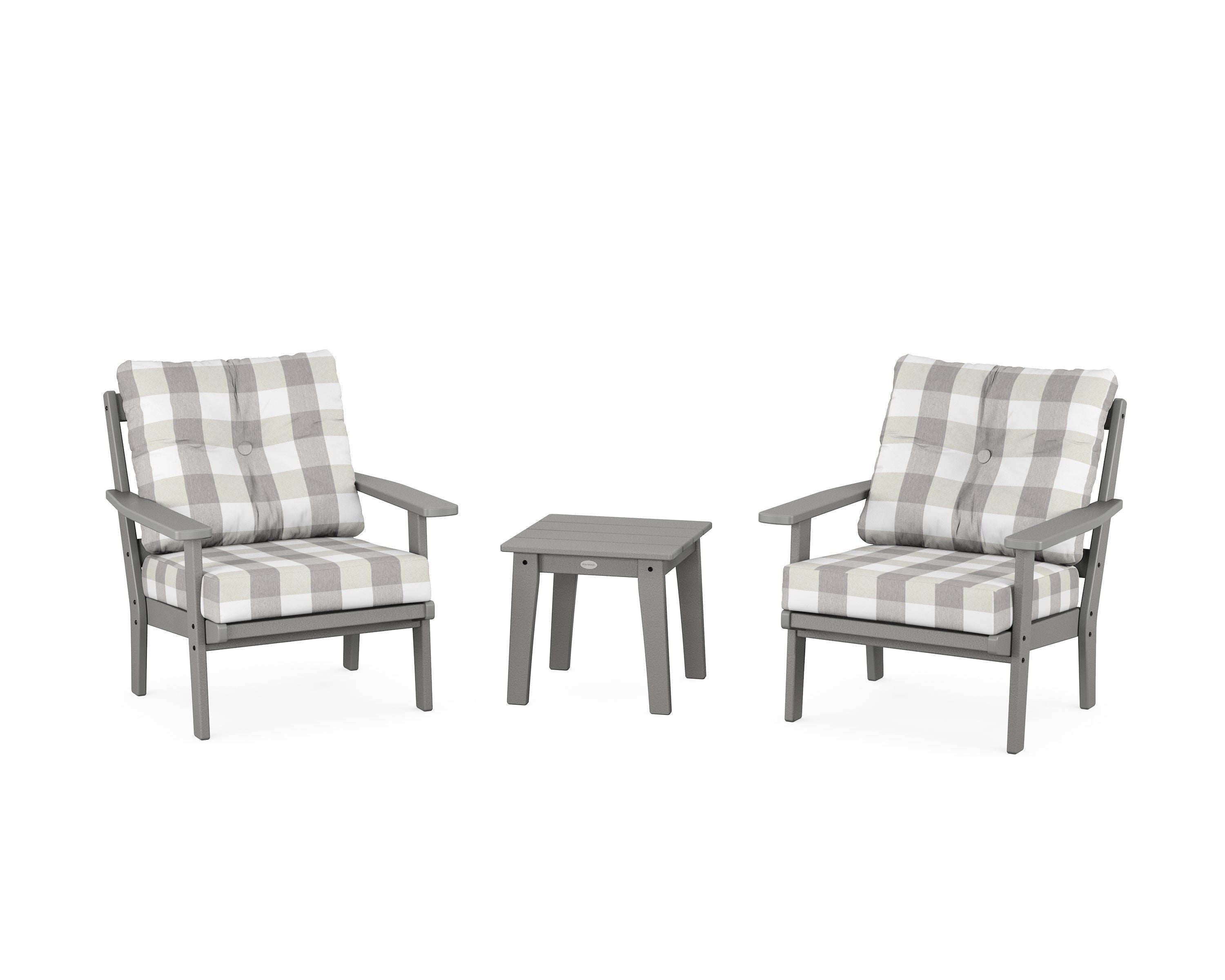 POLYWOOD® Oxford 3-Piece Deep Seating Set in Slate Grey / Buffalo Plaid Grey Mist