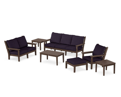 POLYWOOD® Chippendale 7-Piece Deep Seating Set in Mahogany / Navy Linen