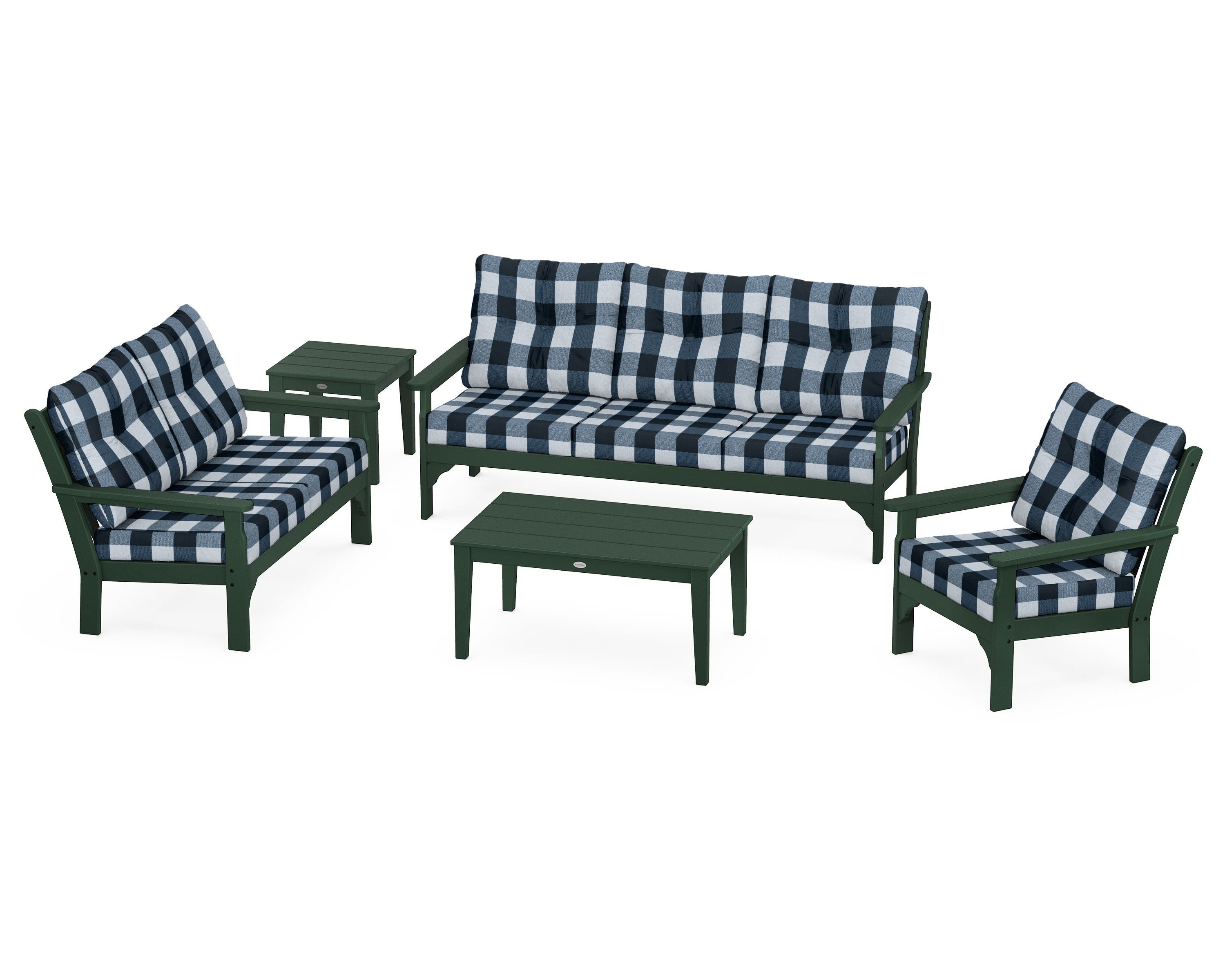 POLYWOOD® Vineyard 5 Piece Deep Seating Set in Green / Buffalo Plaid Marine Indigo