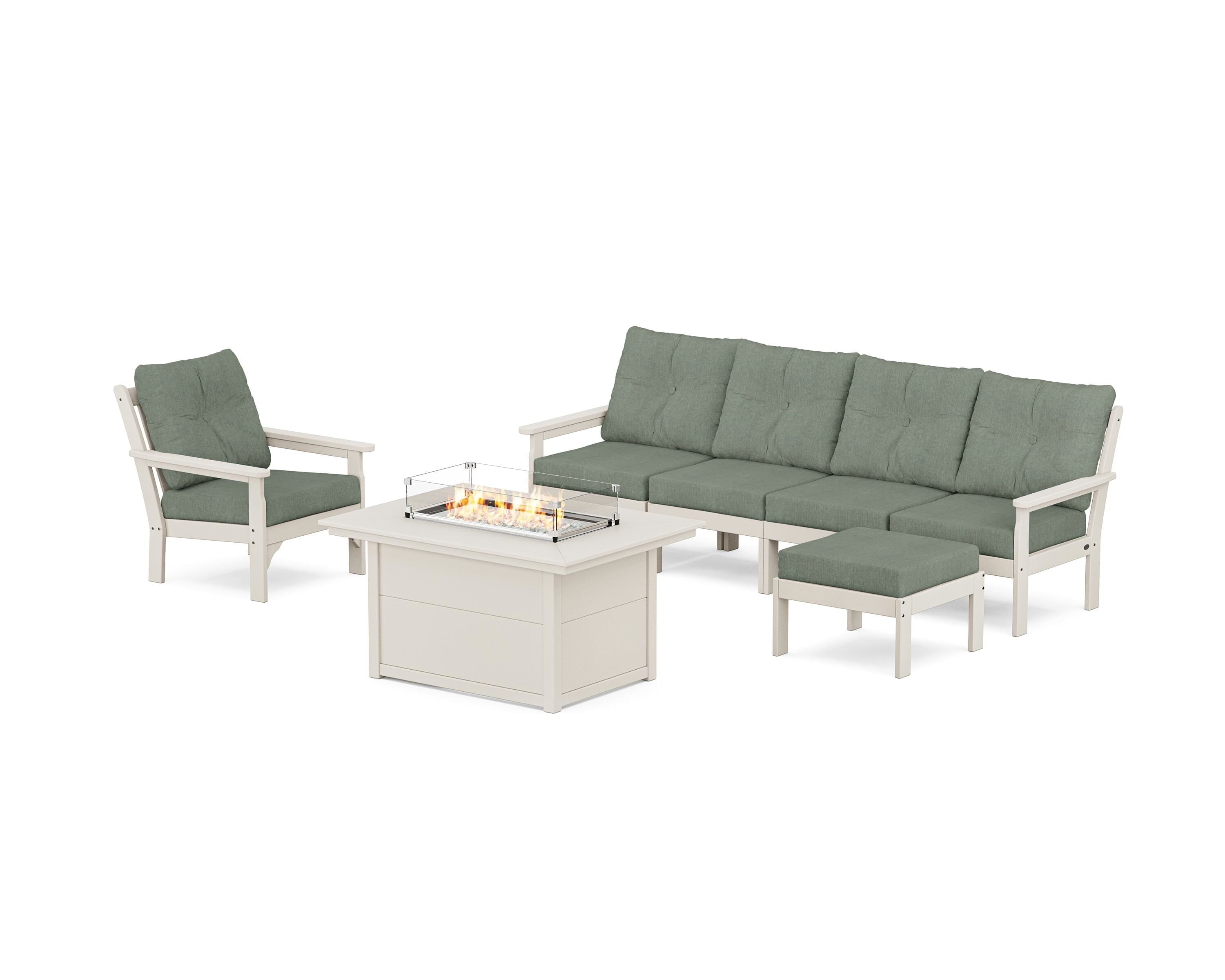 POLYWOOD® Vineyard Sectional Lounge and Fire Pit Set in Sand / Cast Sage