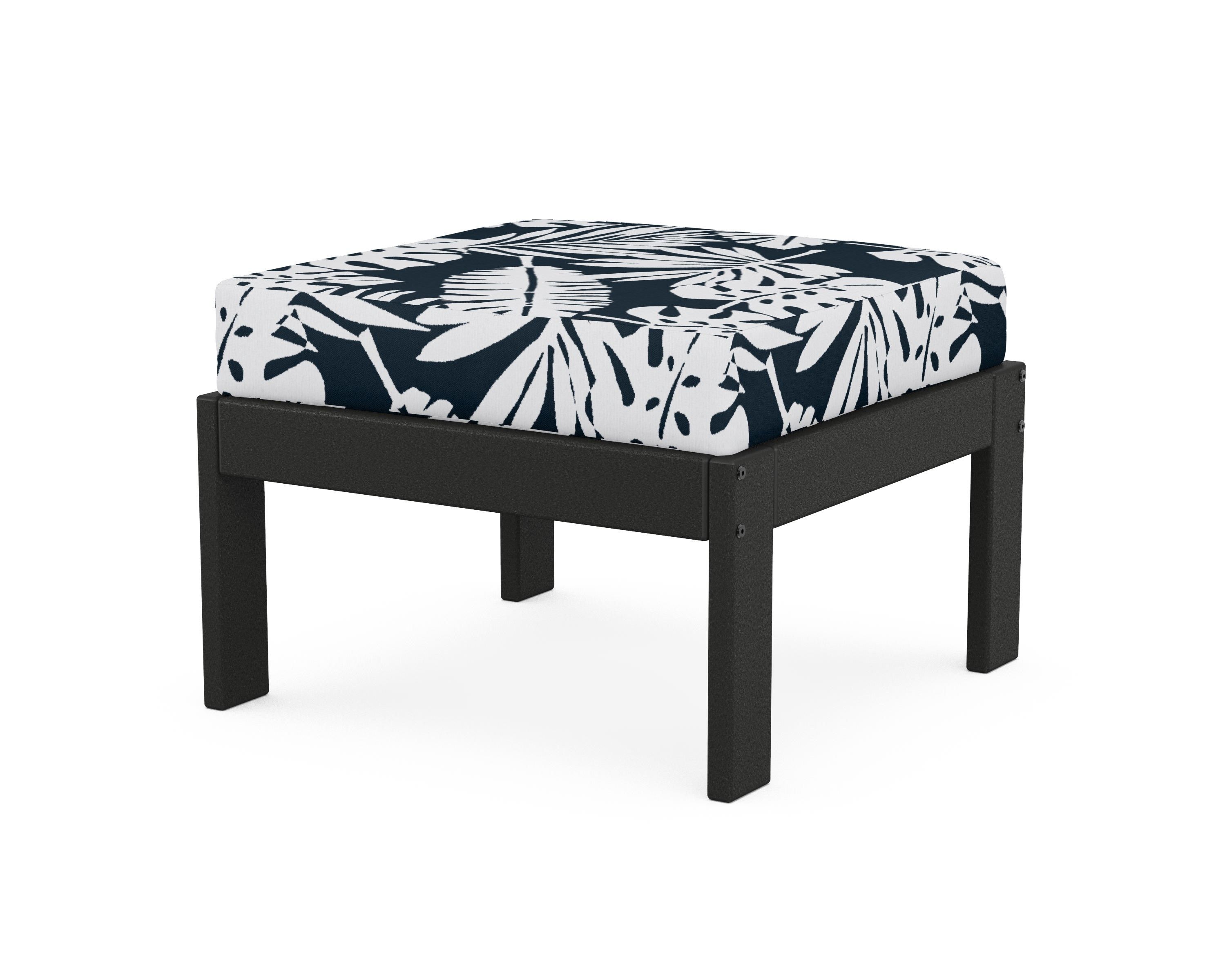 POLYWOOD® Vineyard Modular Ottoman in Black / Leaf Marine Indigo