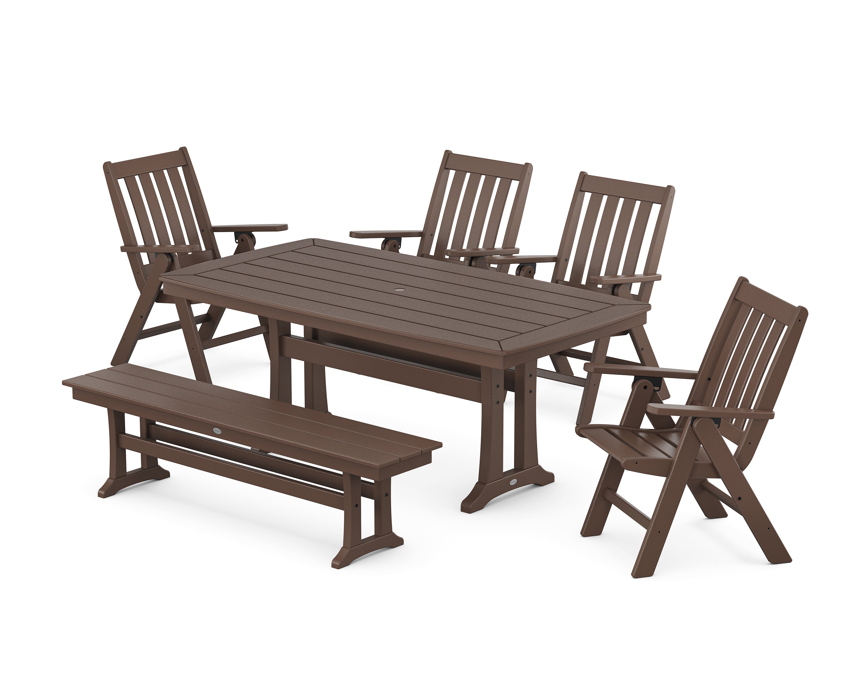 POLYWOOD® Vineyard Folding Chair 6-Piece Dining Set with Trestle Legs and Bench in Mahogany