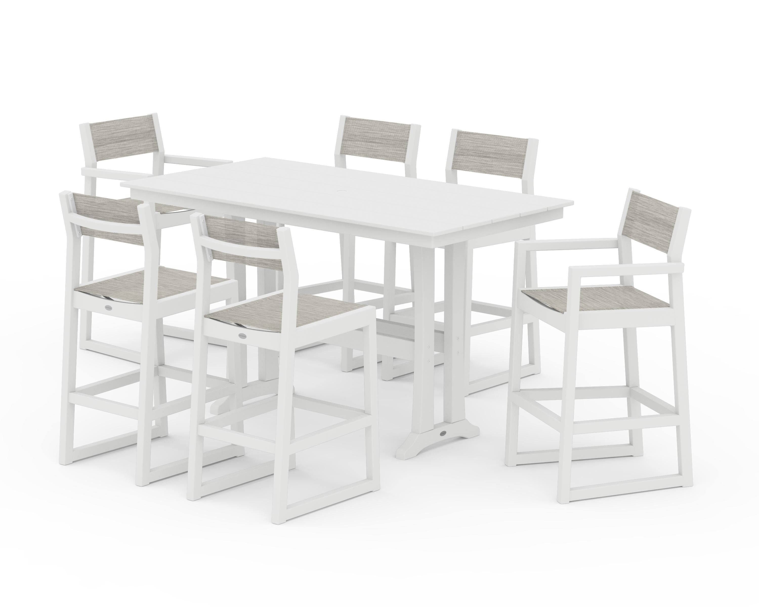 POLYWOOD® EDGE Sling 7-Piece Farmhouse Bar Set with Trestle Legs in White / Birch Sling