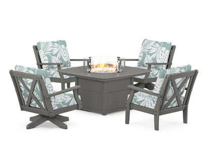POLYWOOD® Braxton 5-Piece Deep Seating Set with Fire Table in Slate Grey / Leaf Glacier Spa