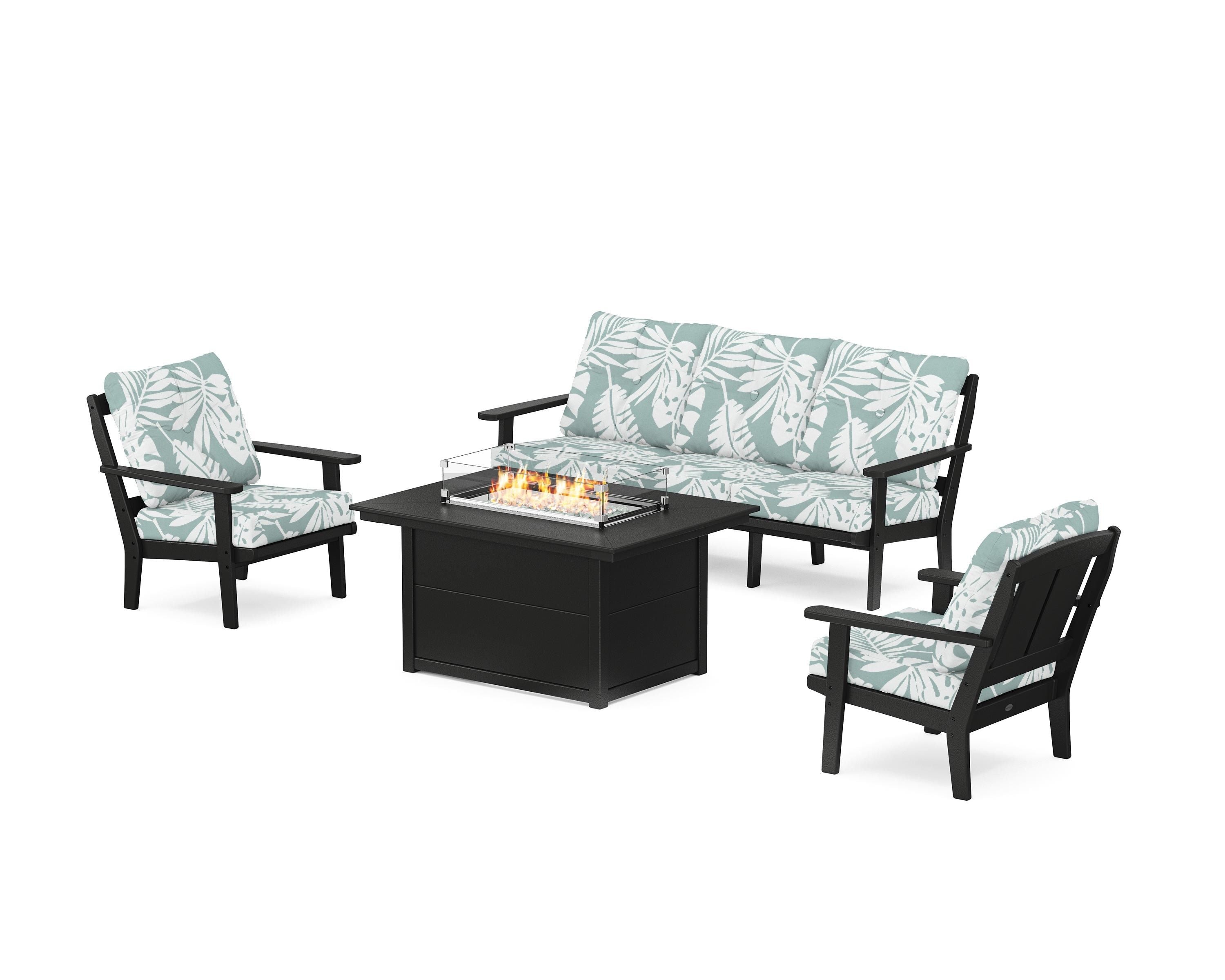 POLYWOOD® Mission Deep Seating Fire Pit Table Set in Black / Leaf Glacier Spa