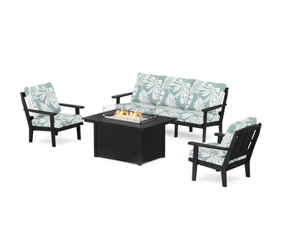 POLYWOOD® Mission Deep Seating Fire Pit Table Set in Black / Leaf Glacier Spa