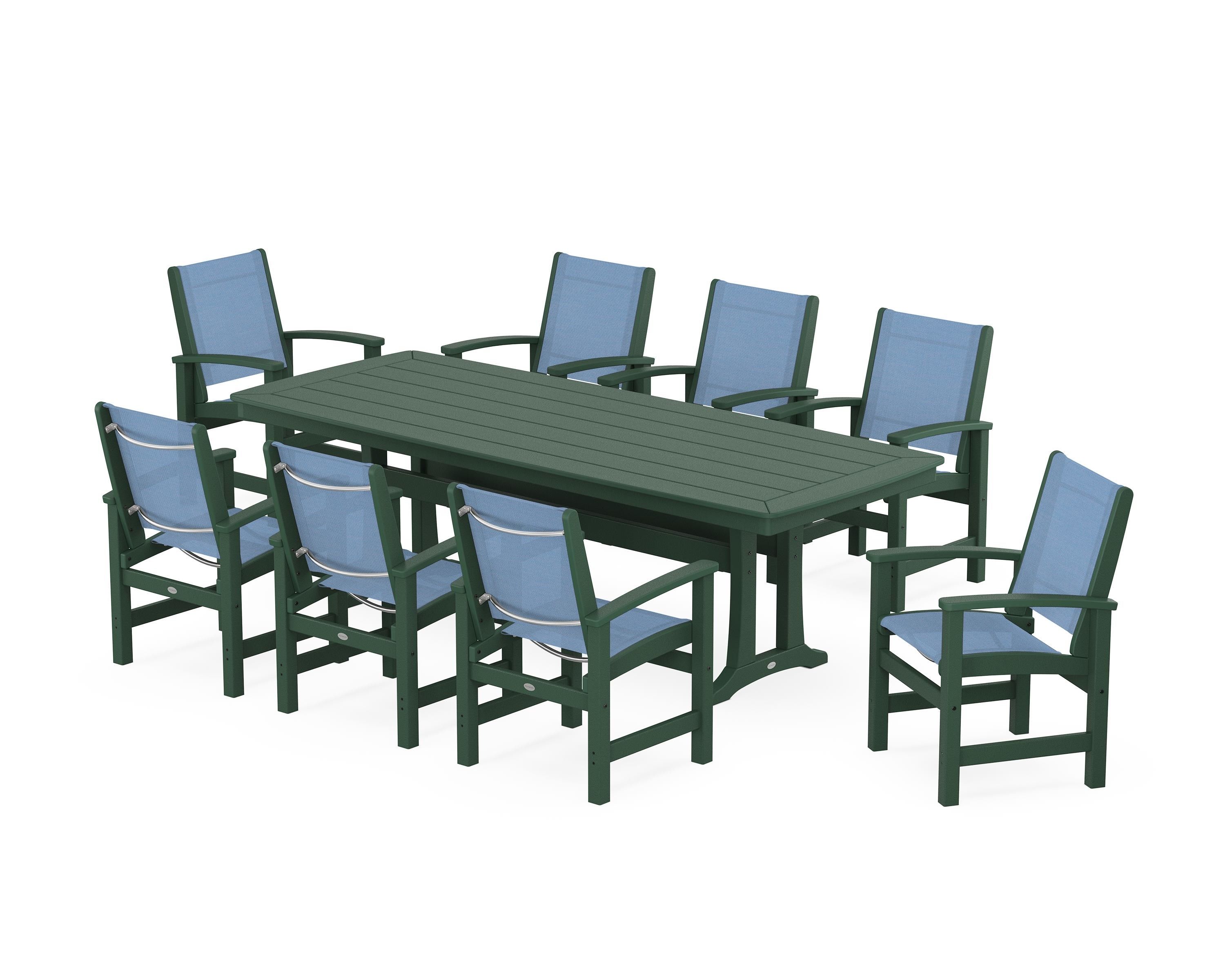 POLYWOOD® Coastal 9-Piece Dining Set with Trestle Legs in Green / Poolside Sling