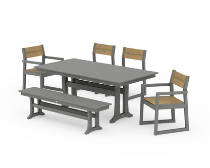 POLYWOOD® EDGE Sling 6-Piece Farmhouse Dining Set With Trestle Legs in Slate Grey / Burlap Sling