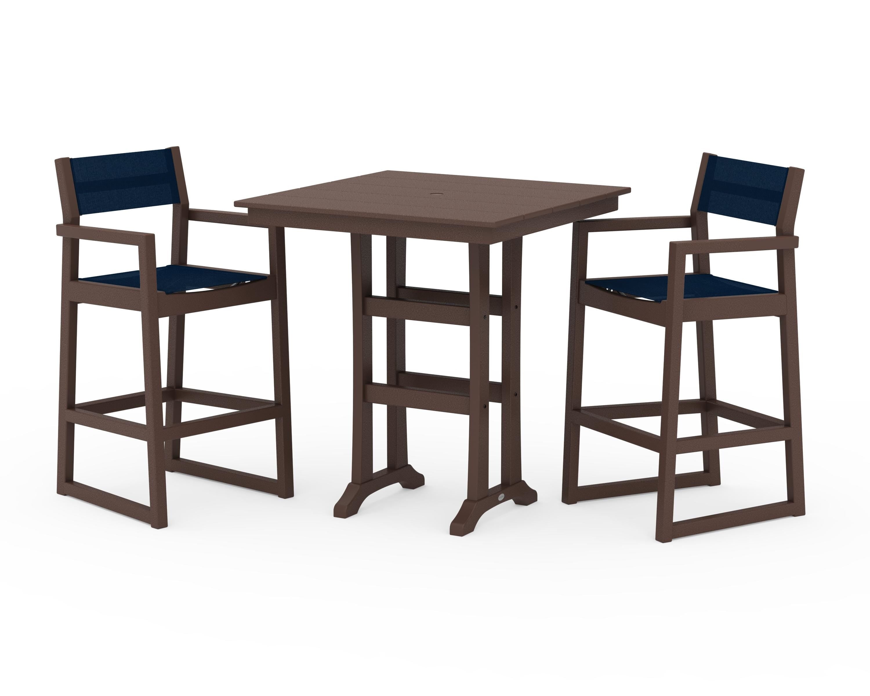 POLYWOOD® EDGE Sling Arm Chair 3-Piece Farmhouse Bar Set with Trestle Legs in Mahogany / Navy Blue Sling
