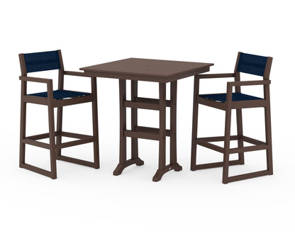 POLYWOOD® EDGE Sling Arm Chair 3-Piece Farmhouse Bar Set with Trestle Legs in Mahogany / Navy Blue Sling