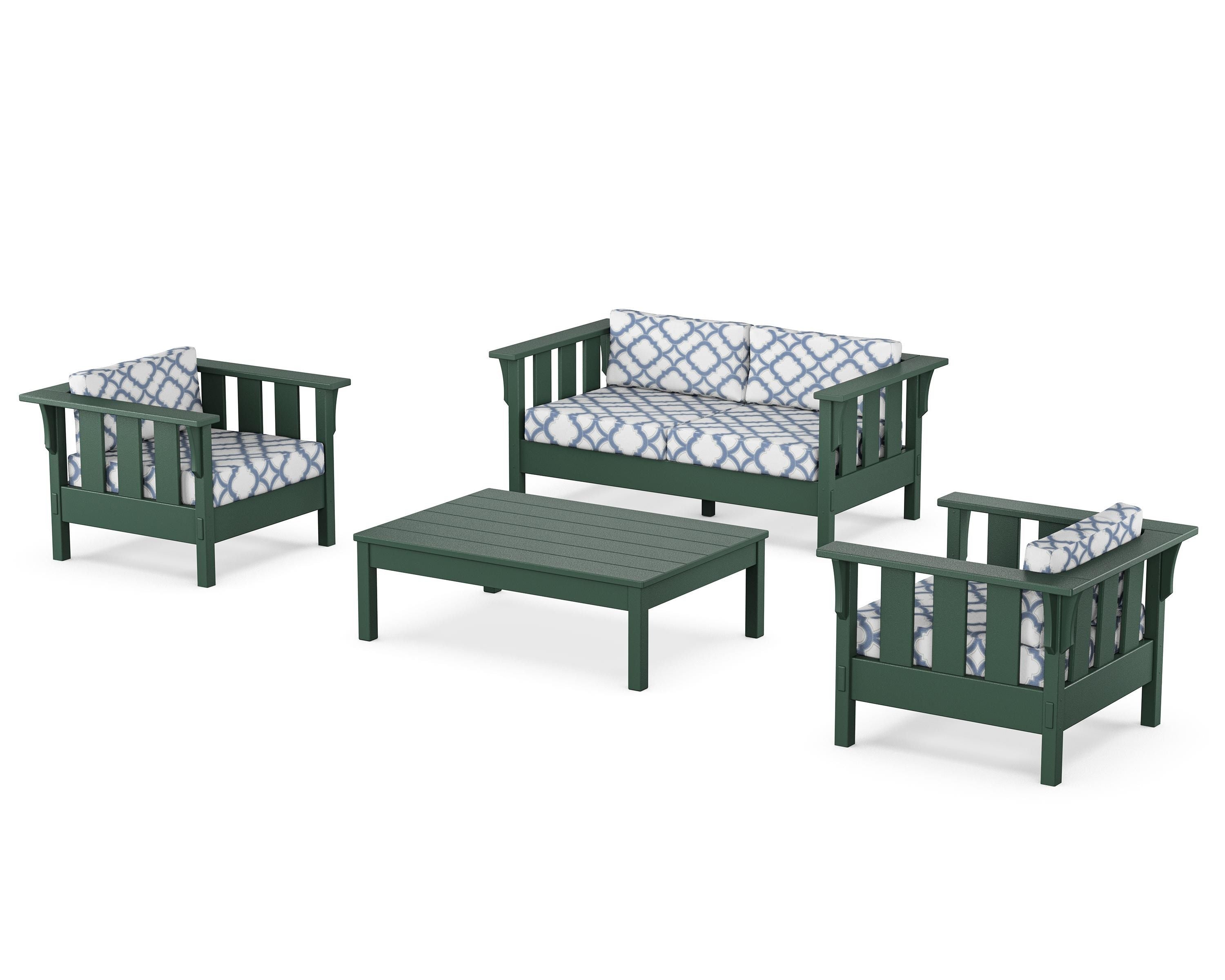 Martha Stewart by POLYWOOD® Acadia 4-Piece Deep Seating Set with Loveseat in Green / Trellis Sky Blue