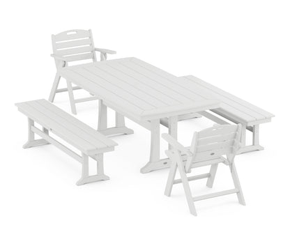 POLYWOOD® Nautical Folding Lowback Chair 5-Piece Dining Set with Trestle Legs and Benches in White