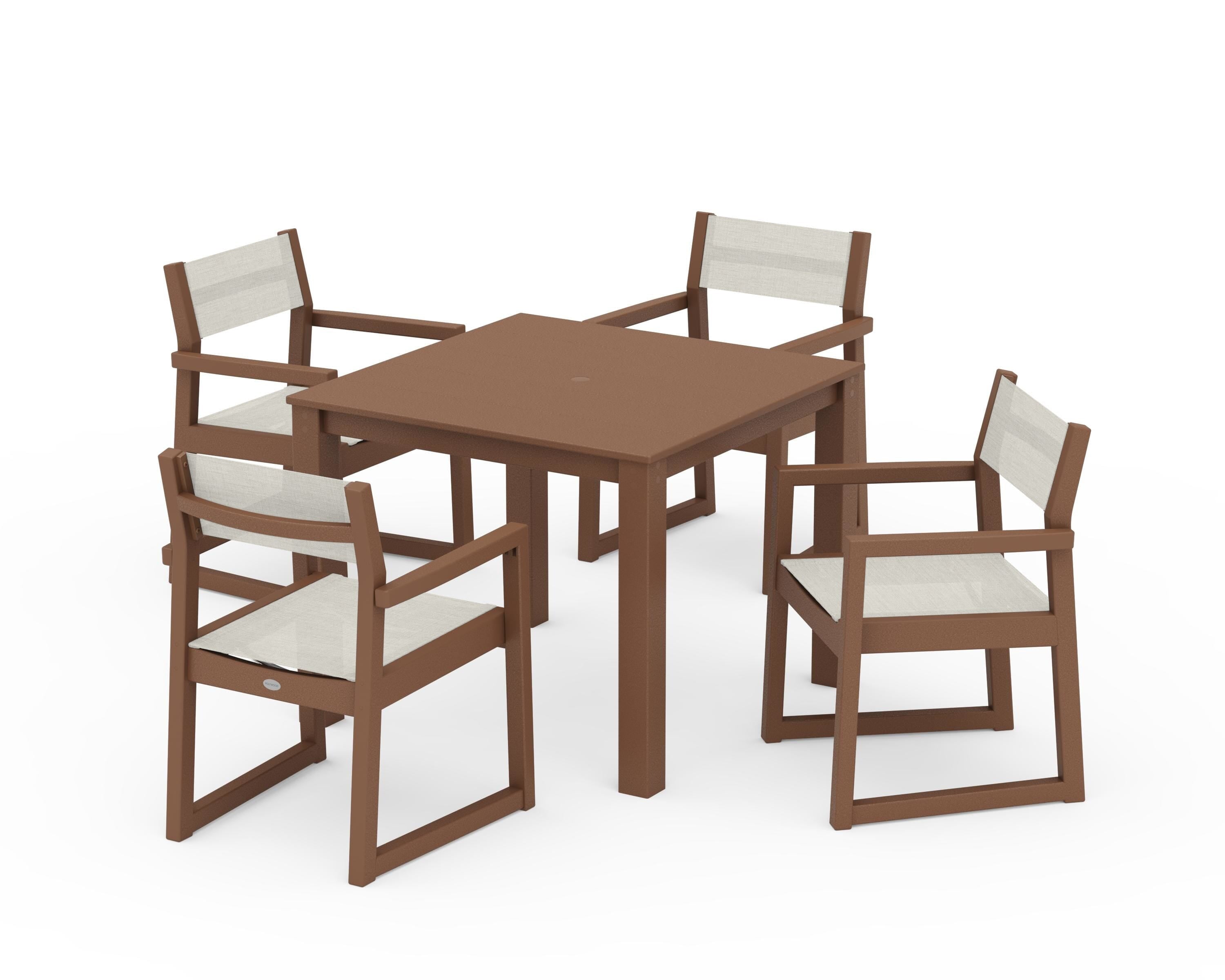 POLYWOOD® EDGE Sling Arm Chair 5-Piece Parsons Dining Set in Teak / Parchment Sling