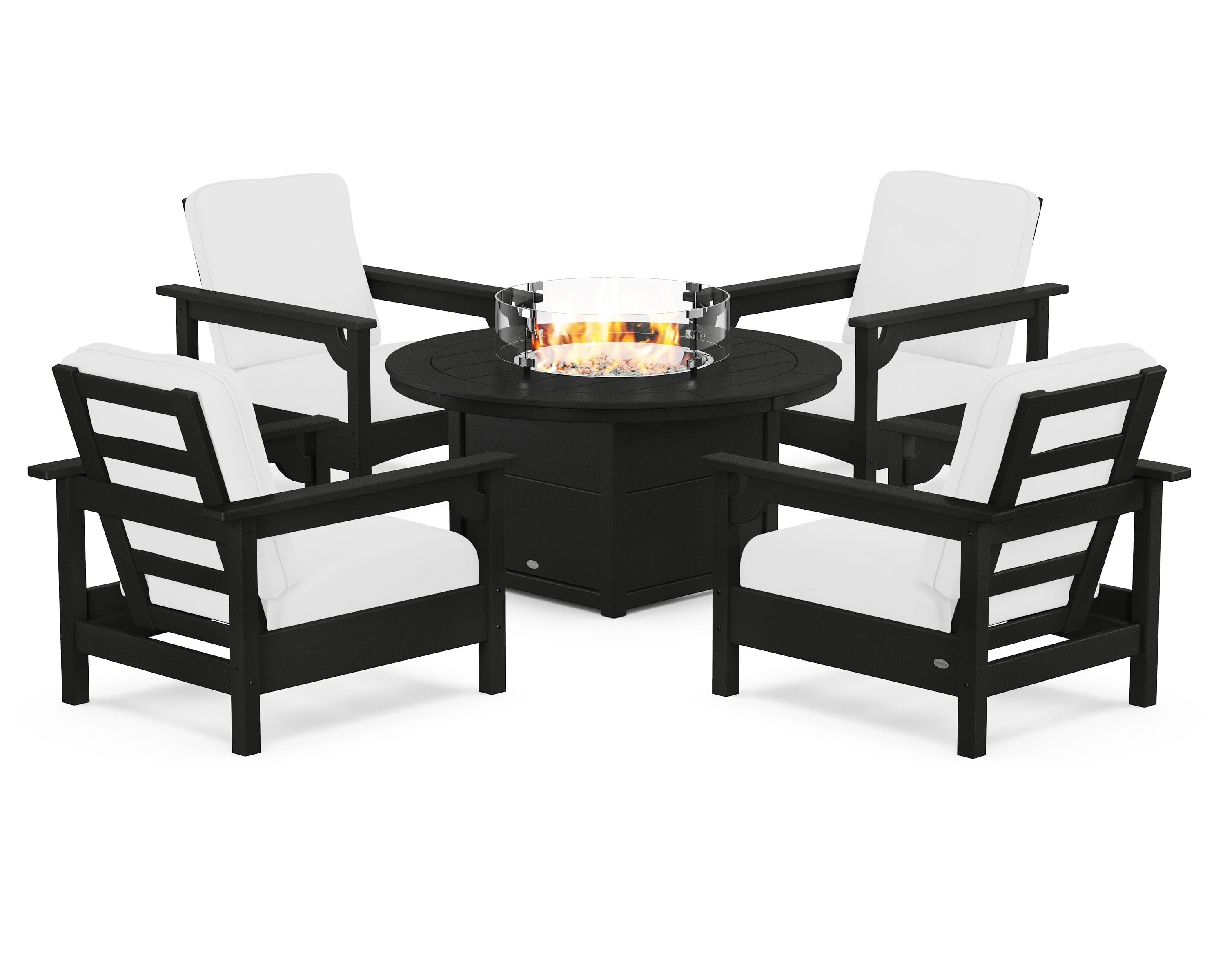 POLYWOOD® Club 5-Piece Conversation Set with Fire Pit Table in Black / Natural