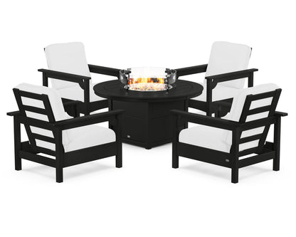 POLYWOOD® Club 5-Piece Conversation Set with Fire Pit Table in Black / Natural