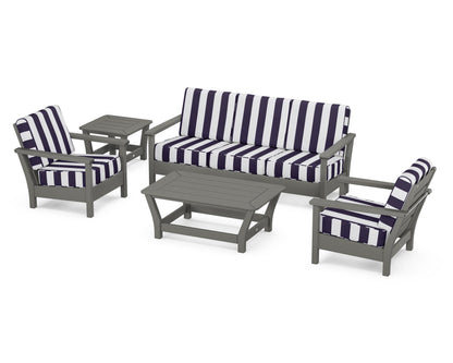 POLYWOOD® Harbour 5-Piece Deep Seating Set in Slate Grey / Cabana Stripe Navy