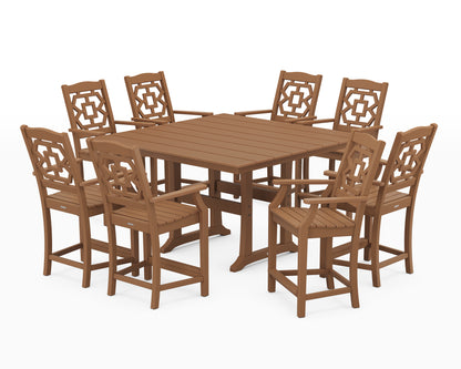 Martha Stewart by POLYWOOD® Chinoiserie 9-Piece Square Farmhouse Counter Set with Trestle Legs in Teak