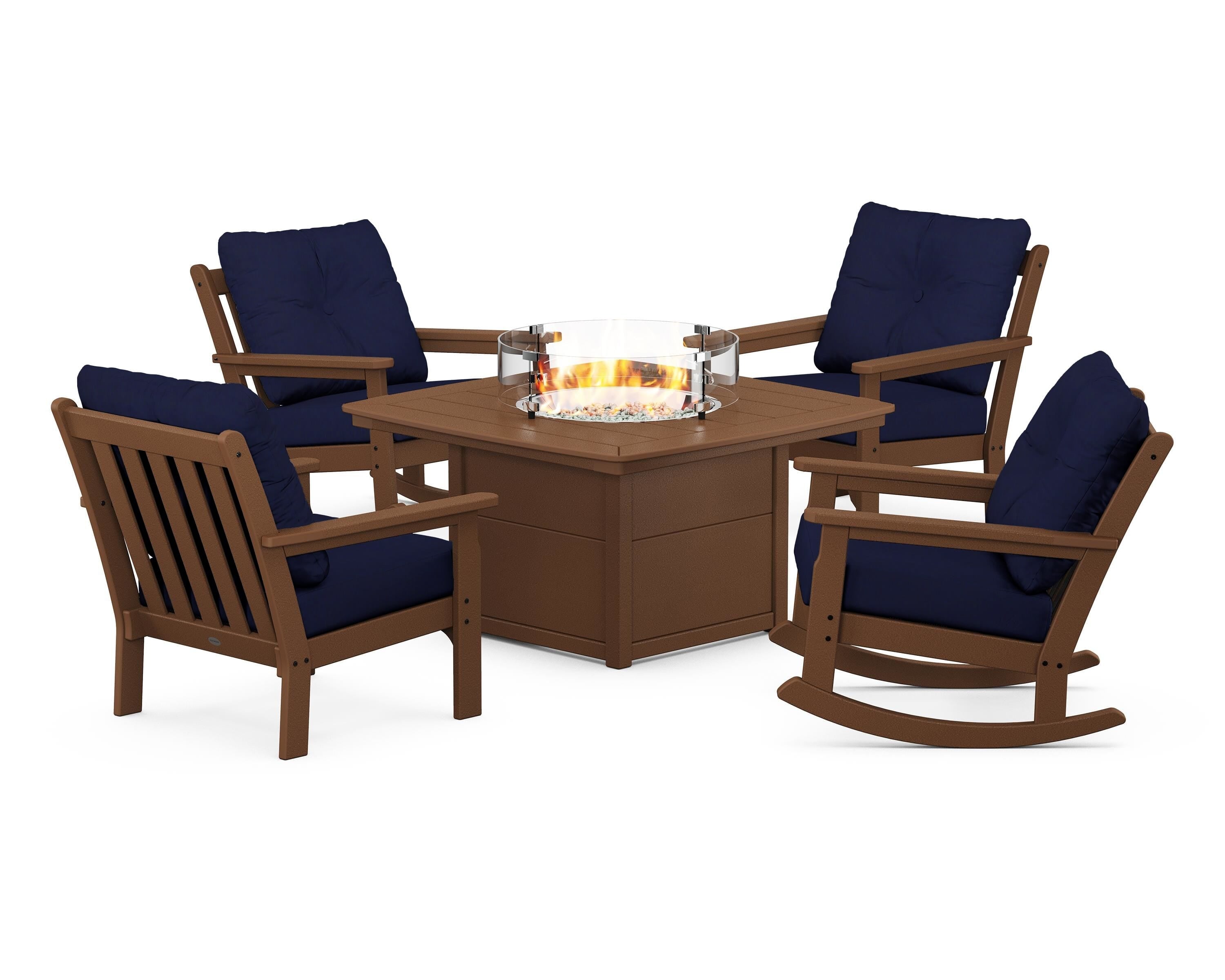 POLYWOOD® Vineyard 5-Piece Deep Seating Rocking Chair Conversation Set with Fire Pit Table in Teak / Navy
