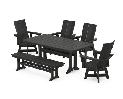 POLYWOOD® Modern Curveback Adirondack Swivel Chair 6-Piece Dining Set with Trestle Legs and Bench in Black