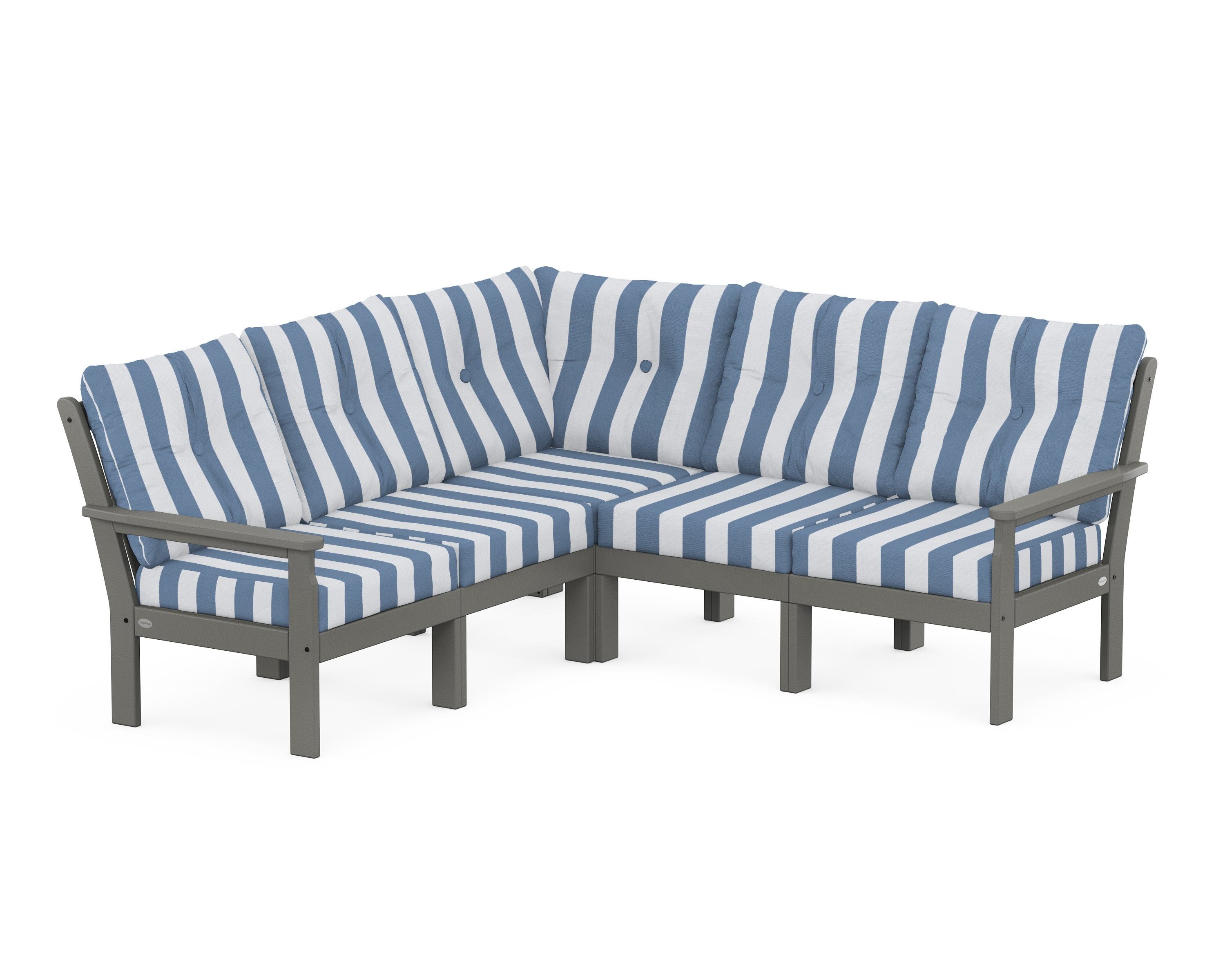 POLYWOOD® Vineyard 5-Piece Sectional in Slate Grey / Cabana Stripe Sky Blue