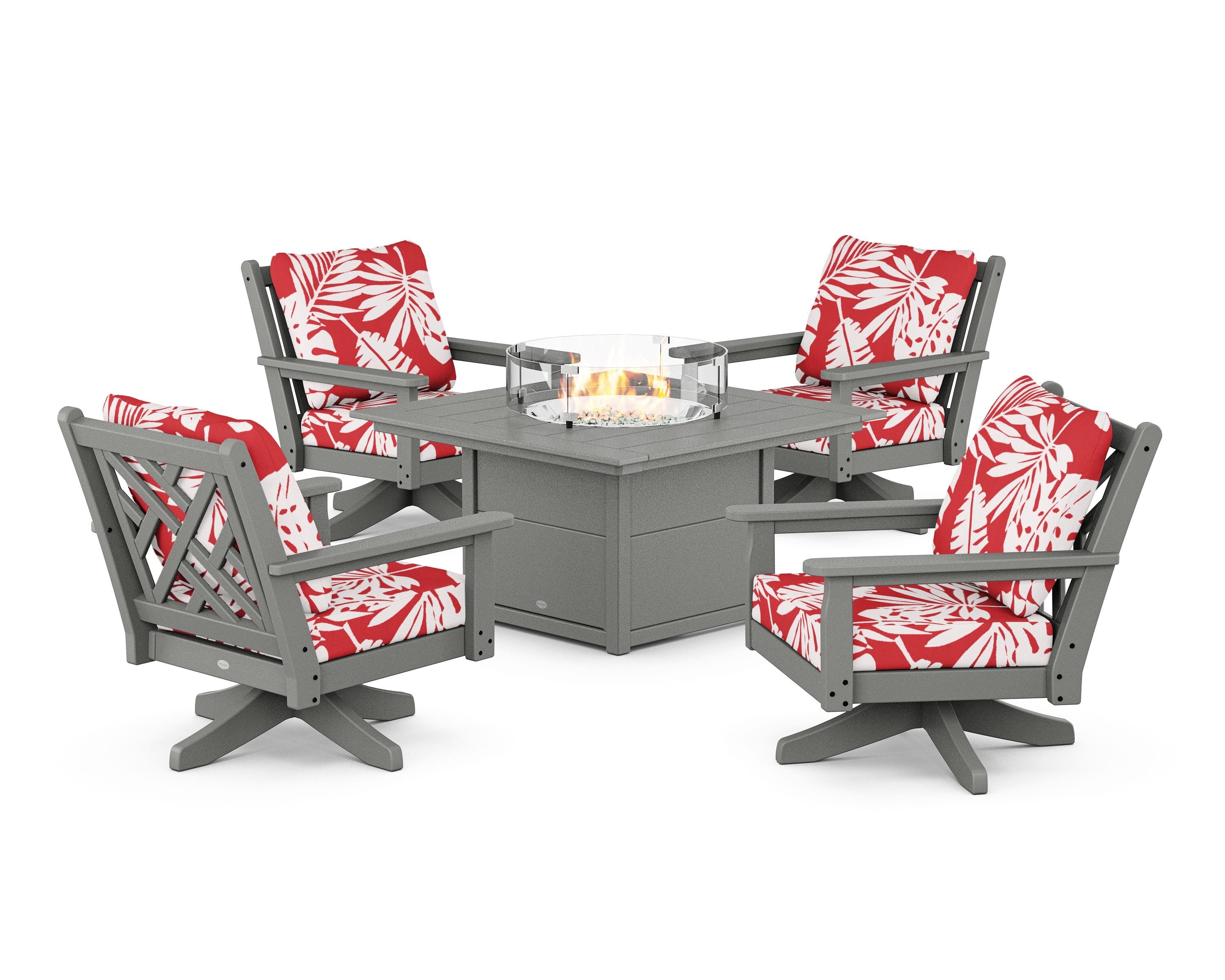 POLYWOOD® Chippendale 5-Piece Deep Seating Swivel Conversation Set with Fire Pit Table in Slate Grey / Leaf Crimson