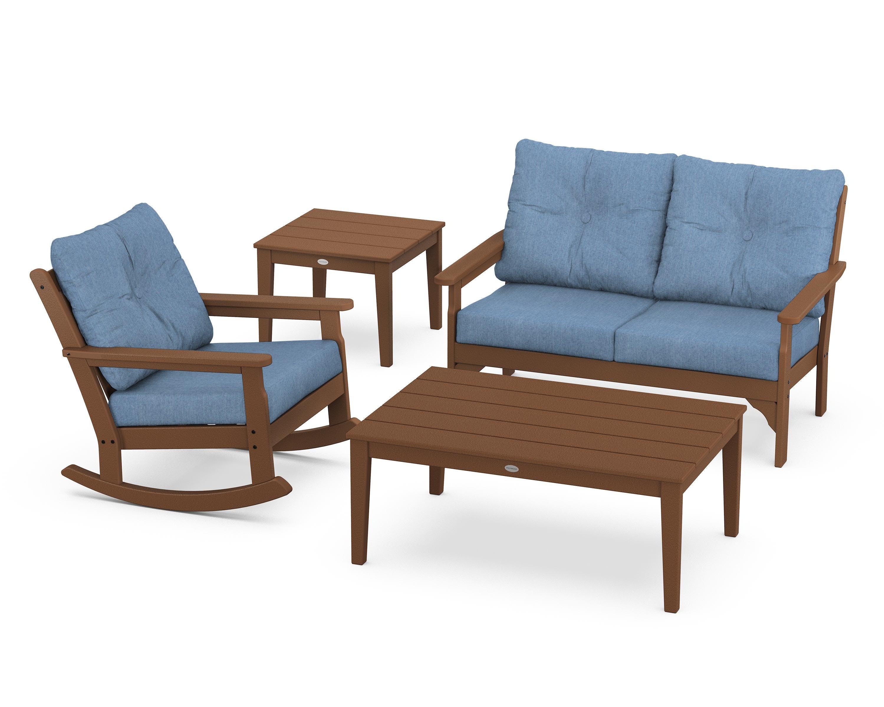 POLYWOOD® Vineyard 4-Piece Deep Seating Rocker Set in Teak / Sky Blue