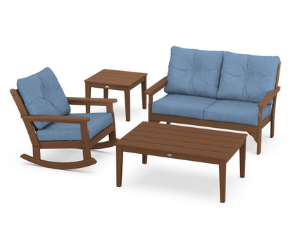 POLYWOOD® Vineyard 4-Piece Deep Seating Rocker Set in Teak / Sky Blue