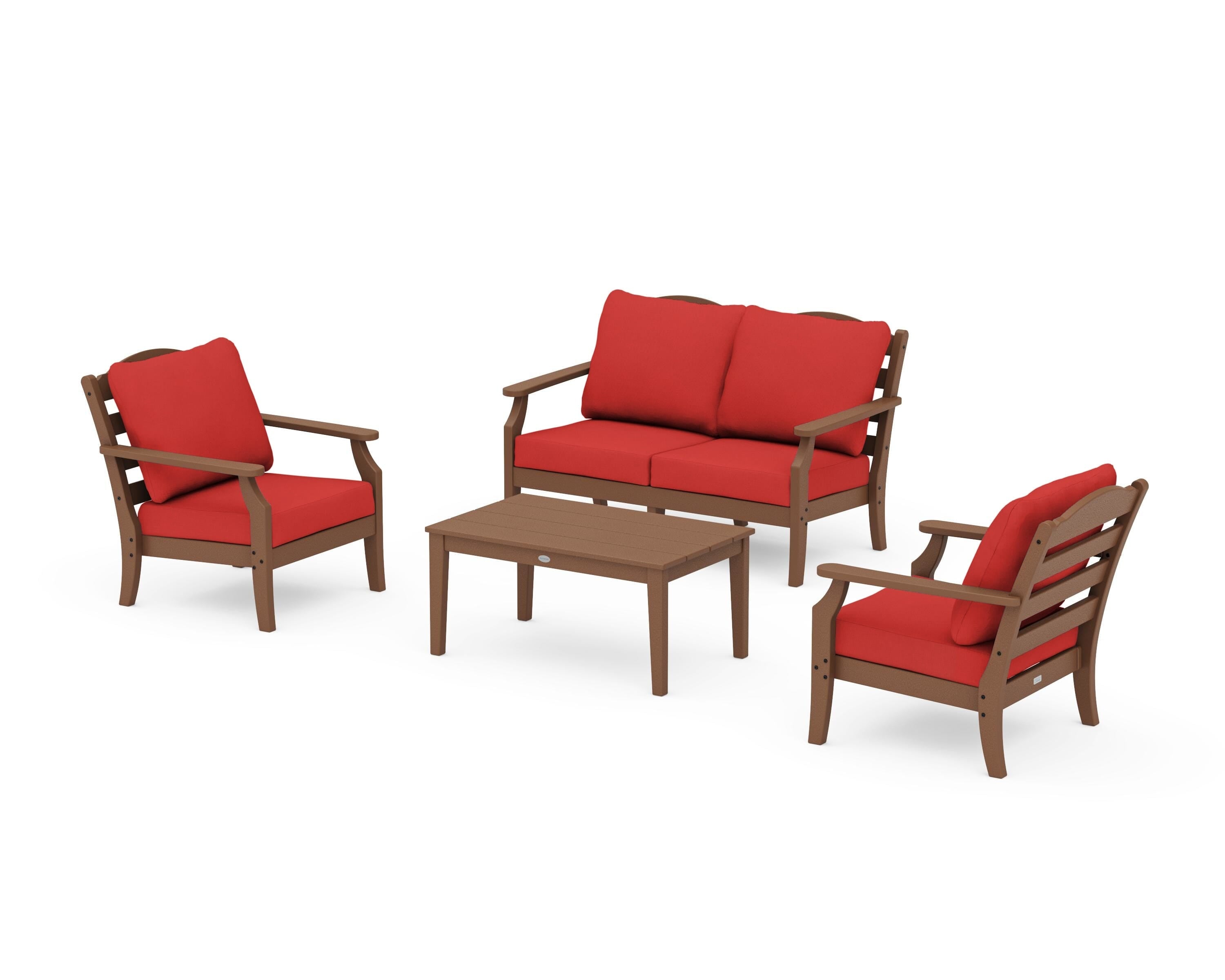 Draper James™ by  POLYWOOD® Savannah 4-Piece Deep Seating Set with Loveseat in Teak / Crimson Linen