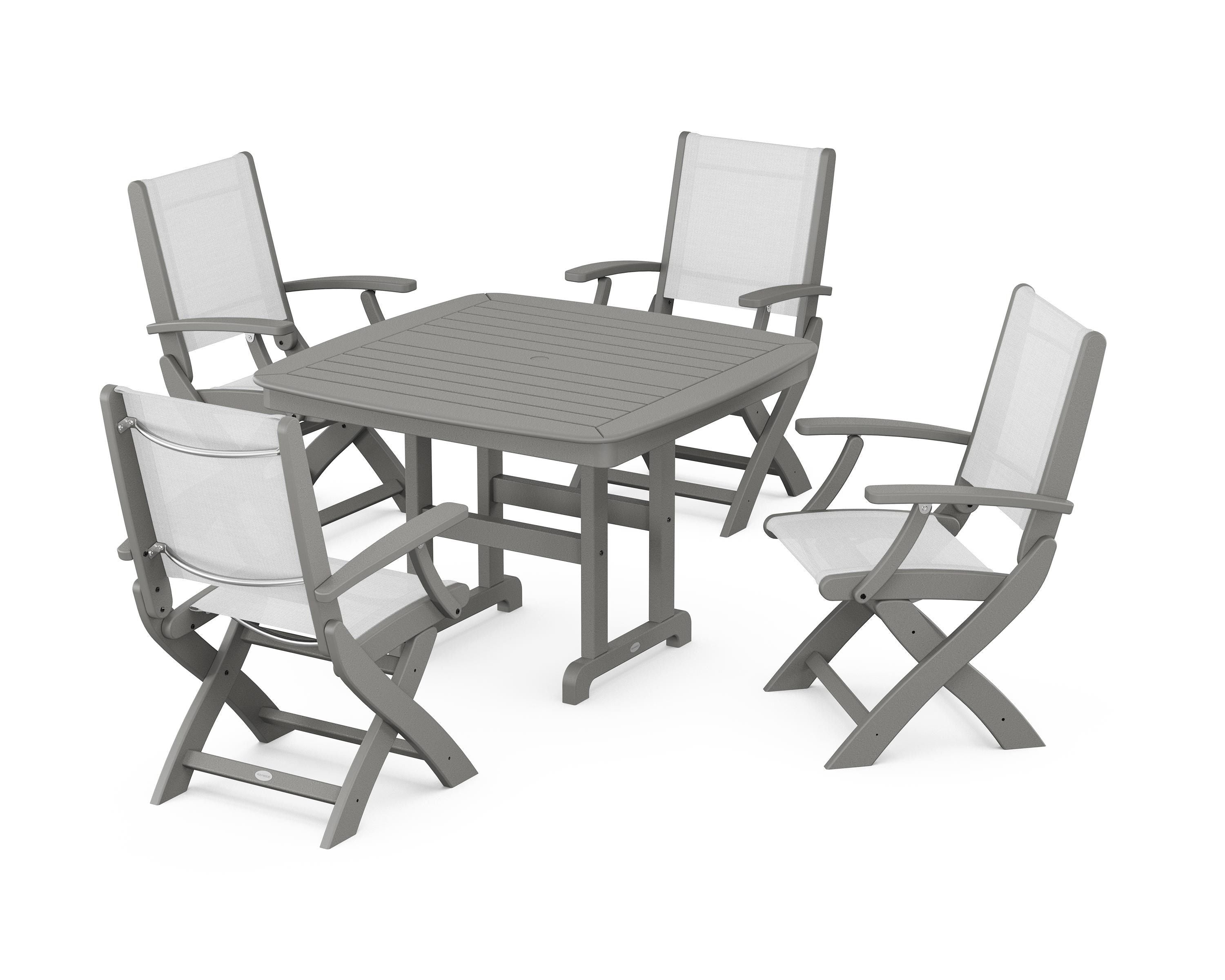 POLYWOOD® Coastal Folding Chair 5-Piece Dining Set in Slate Grey / White Sling
