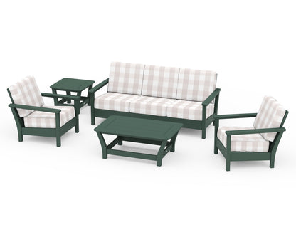 POLYWOOD® Harbour 5-Piece Deep Seating Set in Green / Buffalo Plaid Dune Burlap