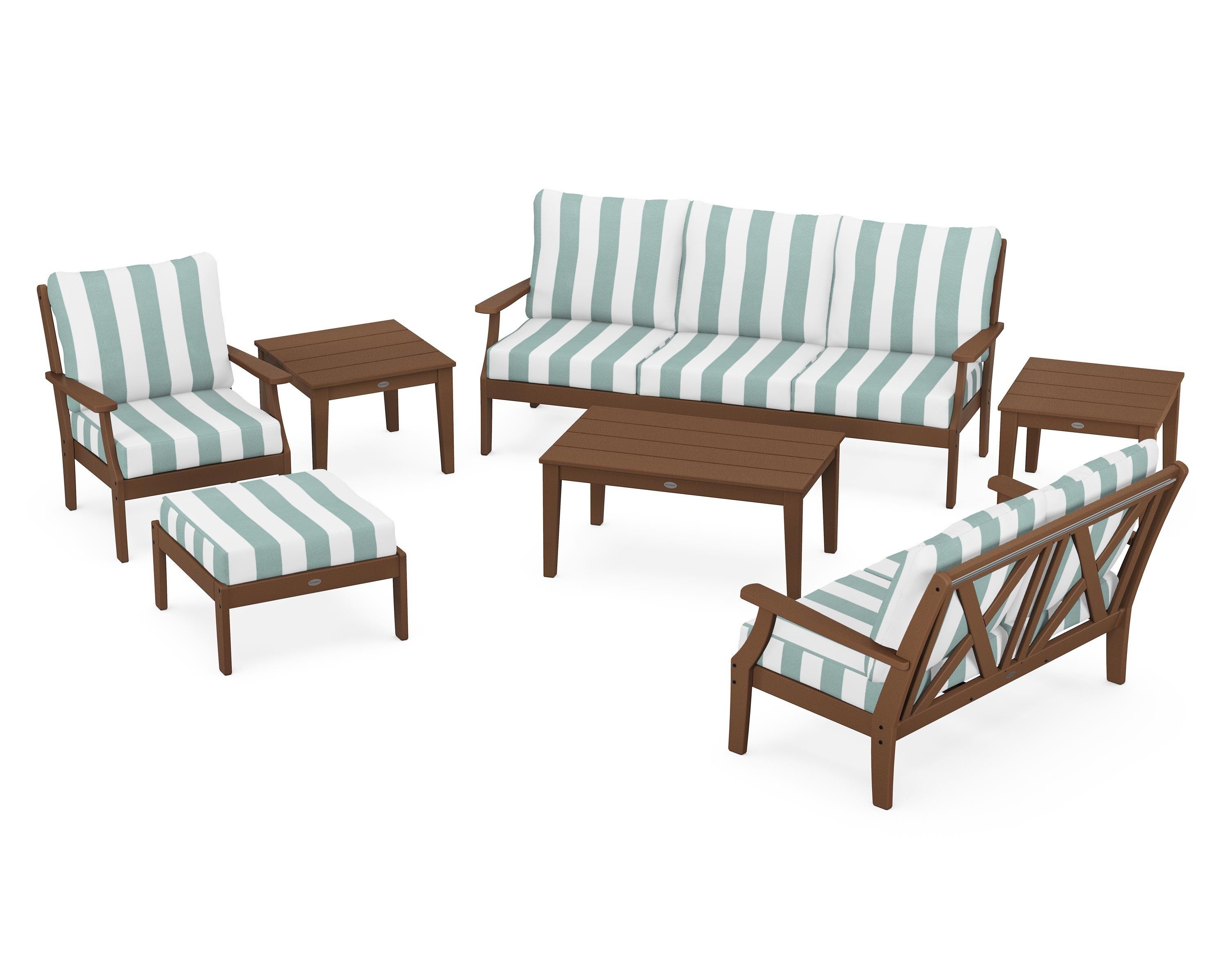POLYWOOD® Braxton 7-Piece Deep Seating Set in Teak / Cabana Stripe Glacier Spa