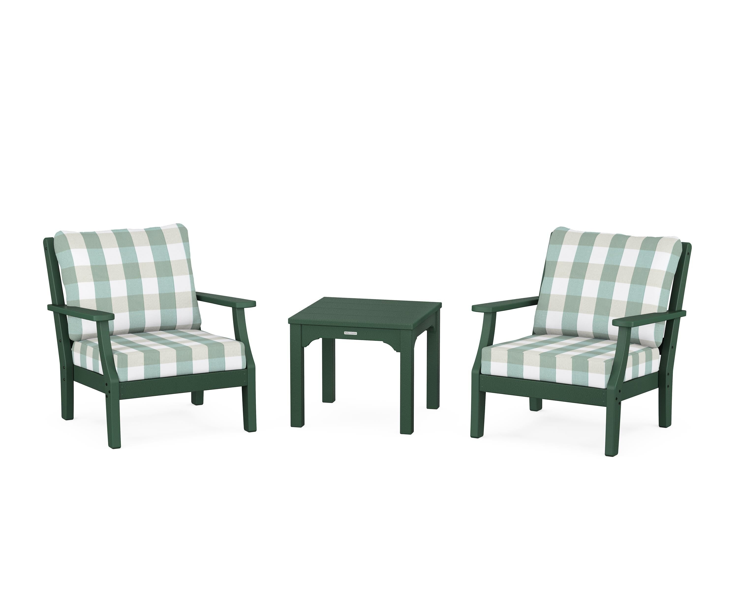 Martha Stewart by POLYWOOD® Chinoiserie 3-Piece Deep Seating Set in Green / Buffalo Plaid Glacier Spa