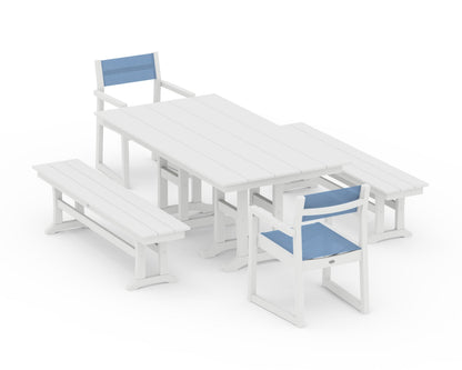 POLYWOOD® EDGE Sling Arm Chair 5-Piece Farmhouse Dining Set with Benches in White / Poolside Sling
