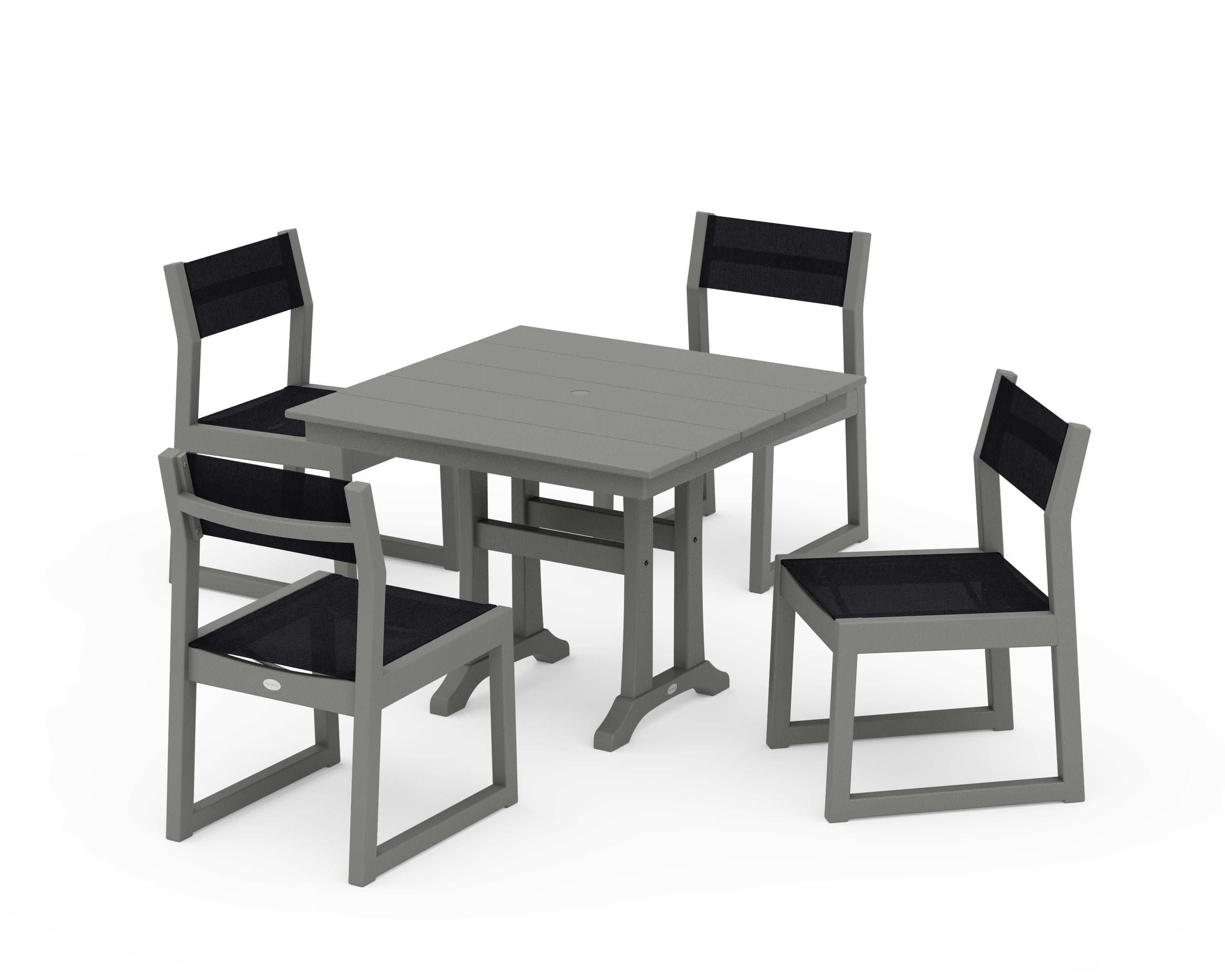 POLYWOOD® EDGE Sling 5-Piece Farmhouse Trestle Side Chair Dining Set in Slate Grey / Black Sling