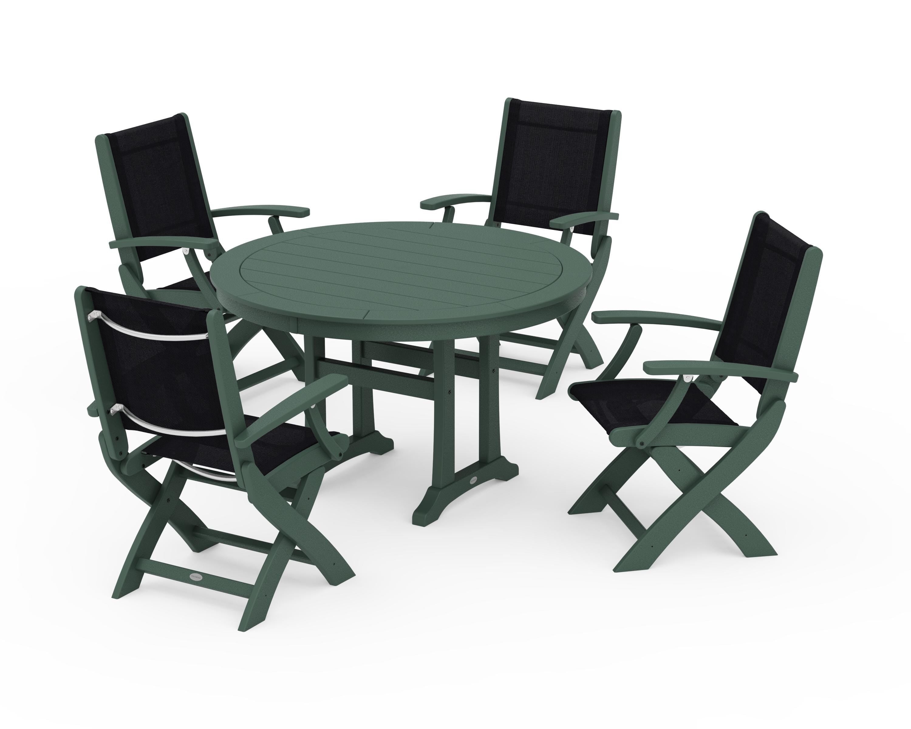 POLYWOOD® Coastal Folding Chair 5-Piece Round Dining Set with Trestle Legs in Green / Black Sling
