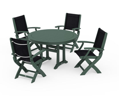 POLYWOOD® Coastal Folding Chair 5-Piece Round Dining Set with Trestle Legs in Green / Black Sling