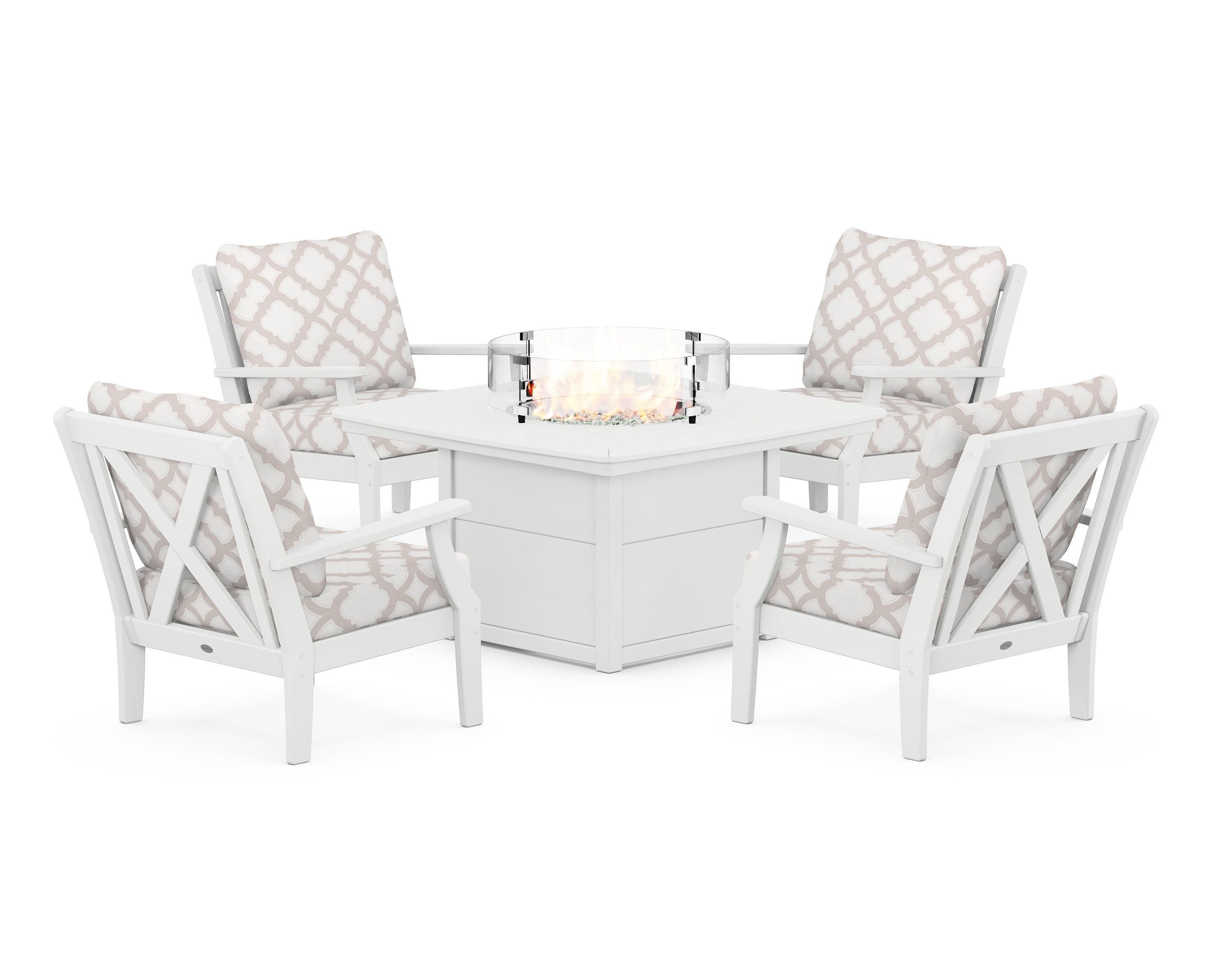POLYWOOD® Braxton 5-Piece Deep Seating Conversation Set with Fire Pit Table in White / Trellis Dune Burlap