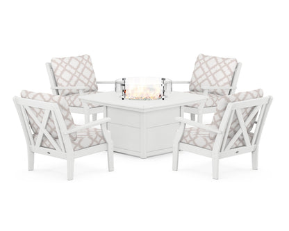 POLYWOOD® Braxton 5-Piece Deep Seating Conversation Set with Fire Pit Table in White / Trellis Dune Burlap