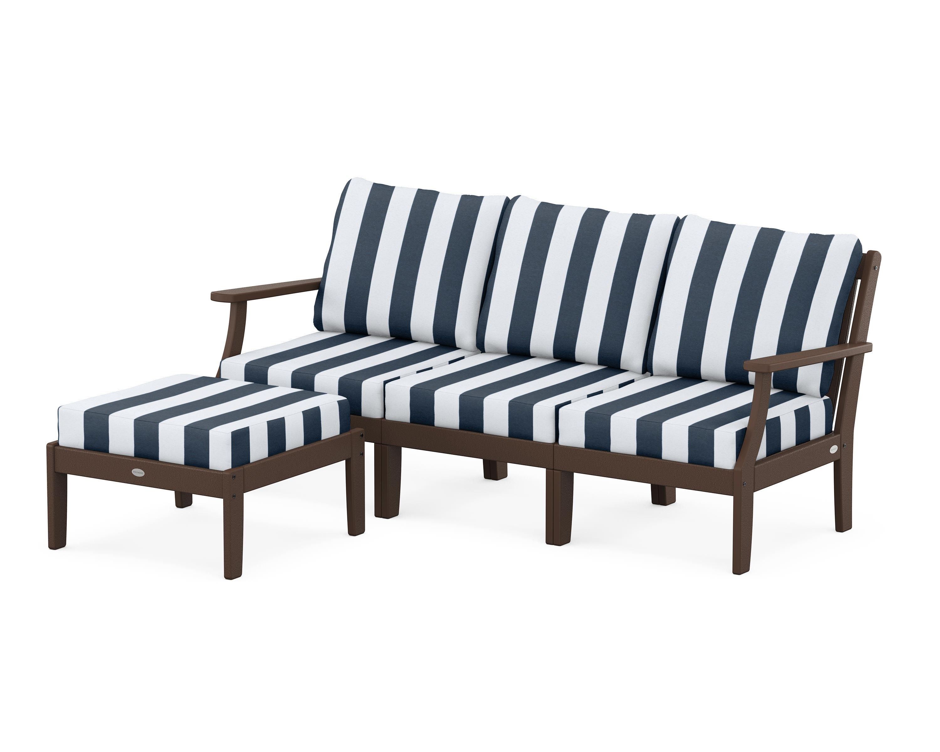 POLYWOOD® Braxton Modular 4-Piece Deep Seating Set with Ottoman in Mahogany / Cabana Stripe Marine Indigo