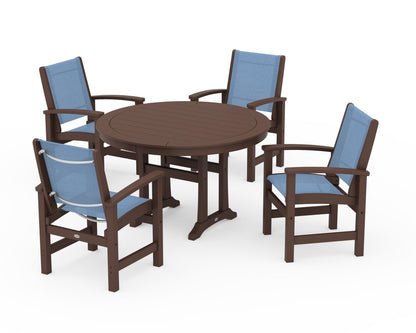 POLYWOOD® Coastal 5-Piece Round Dining Set with Trestle Legs in Mahogany / Poolside Sling